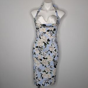 NWT Belle Poque Blue White Satin Floral Tie Neck Halter Midi Pencil Dress 8